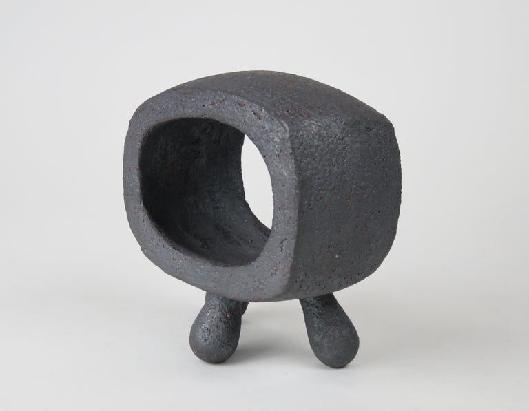 Small Dark Silver-Gray Hollow Rectangular Ring Ceramic Sculpture on 3 Legs In New Condition For Sale In New York, NY