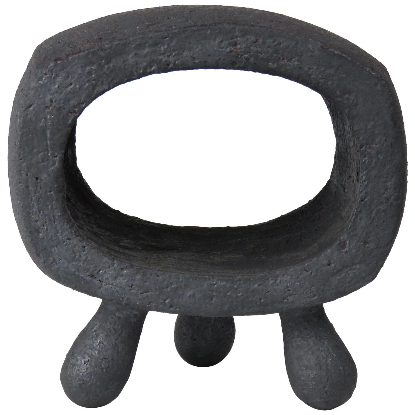 Small Dark Silver-Gray Hollow Rectangular Ring Ceramic Sculpture on 3 Legs