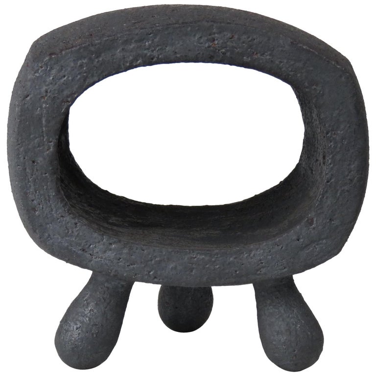 Small Dark Silver-Gray Hollow Rectangular Ring Ceramic Sculpture on 3 Legs For Sale
