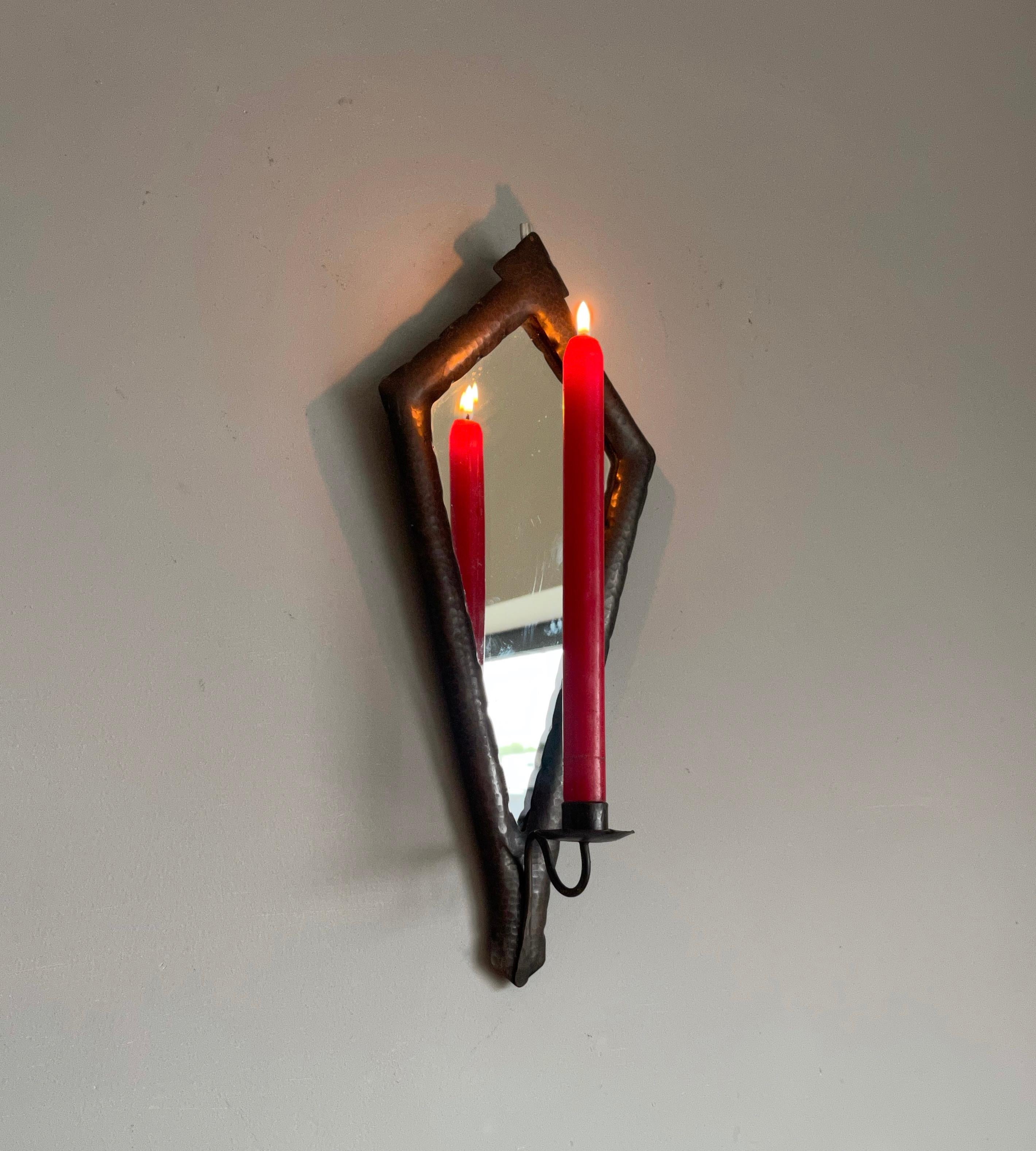 Brass Small & Decorative Arts & Crafts Hammered Copper Candle Sconce and Wall Mirror For Sale