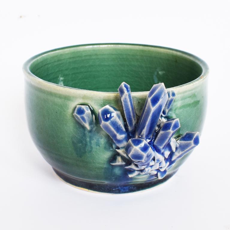 Bauhaus Small Decorative Contemporary Blue and Green Geode Detail Ceramic Bowl Signed 