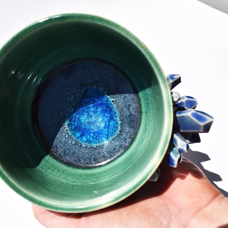 Small Decorative Contemporary Blue and Green Geode Detail Ceramic Bowl Signed  1