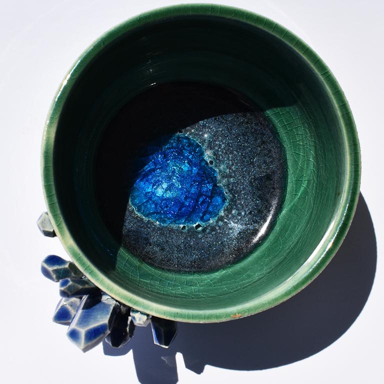 Small Decorative Contemporary Blue and Green Geode Detail Ceramic Bowl Signed  2