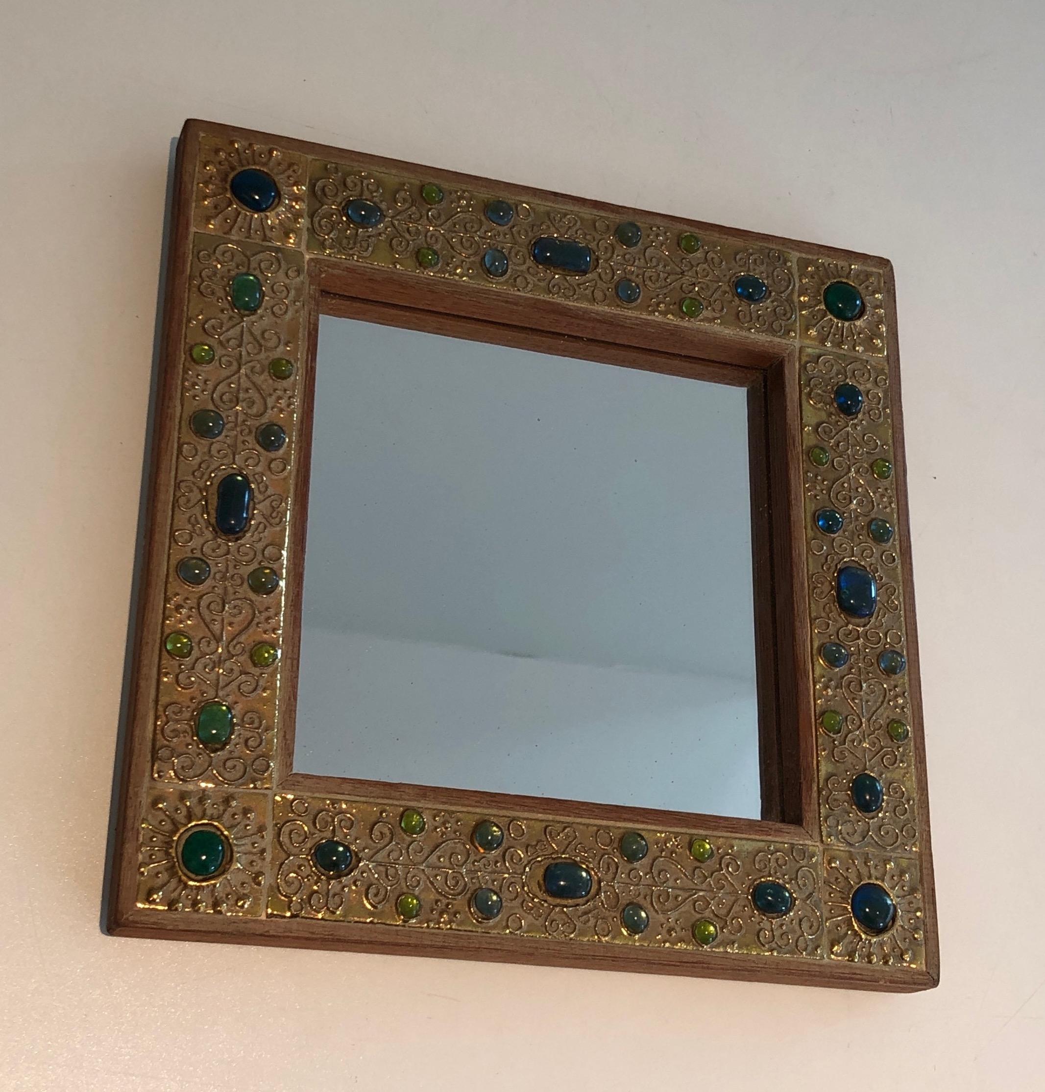 Mid-Century Modern Small Decorative Mirror with Stones Ornaments, French, circa 1970 For Sale