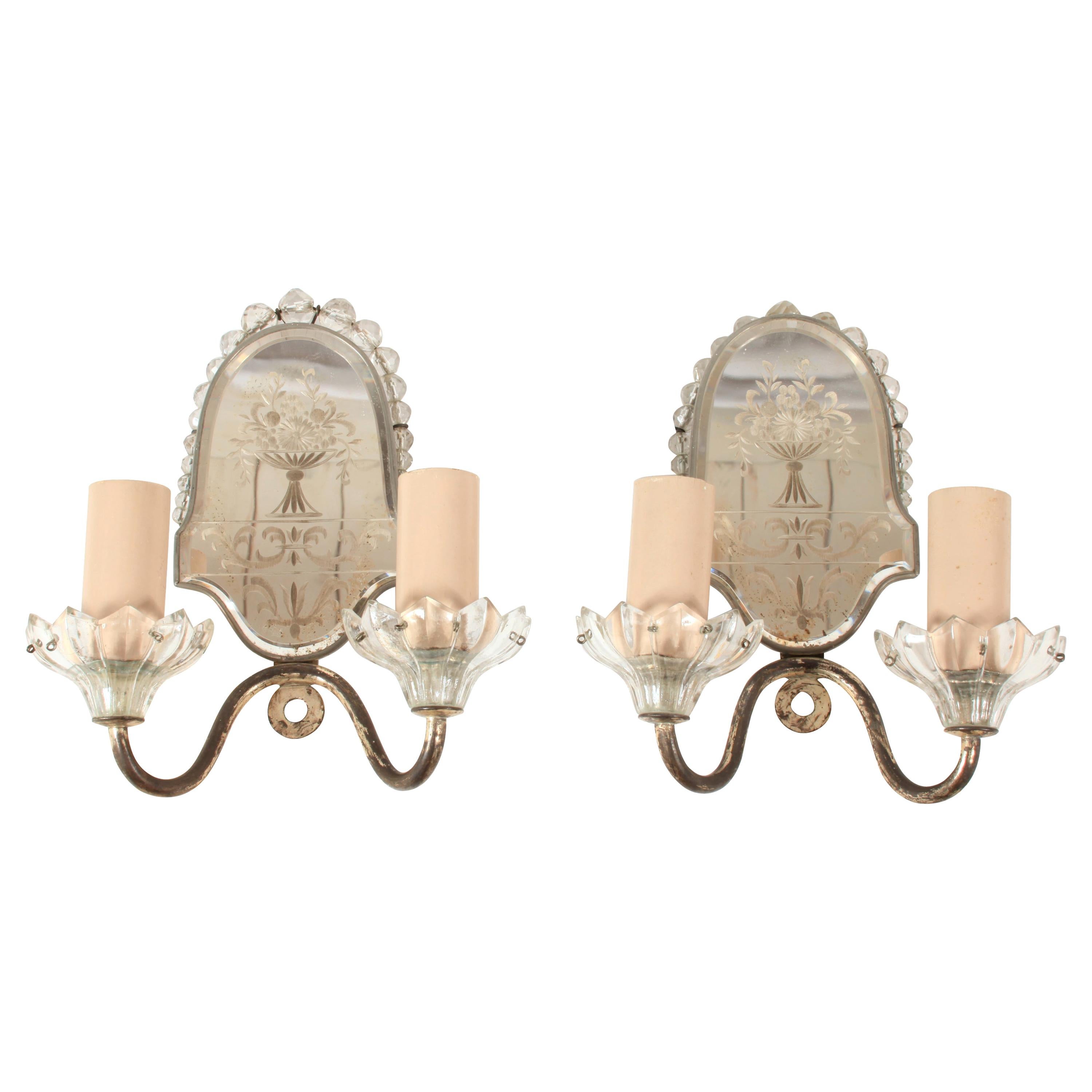 Small Decorative Mirrored Sconces, Pair