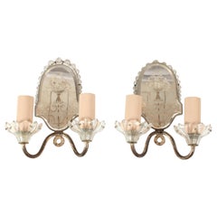 Antique Small Decorative Mirrored Sconces, Pair