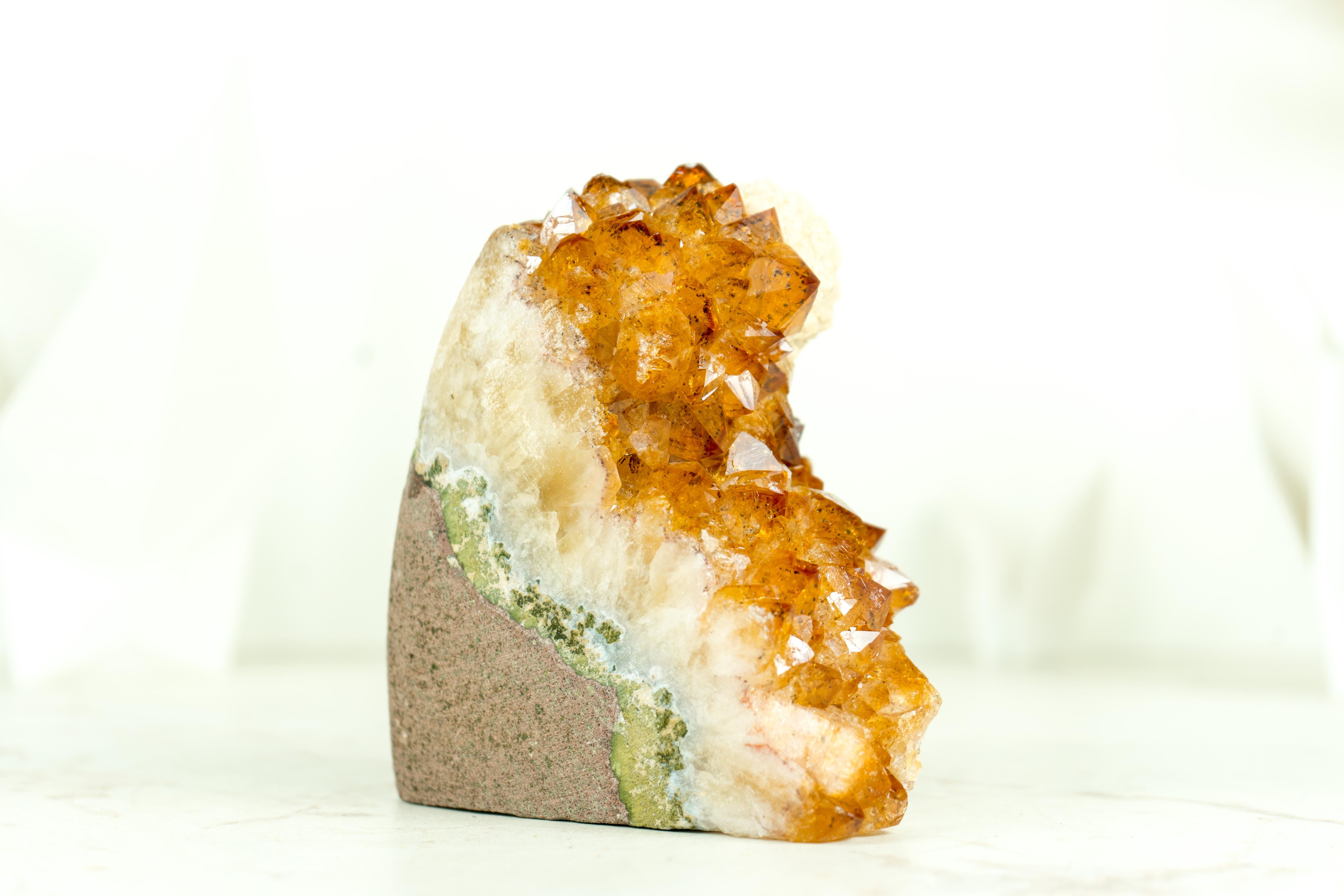 Contemporary Small Deep Orange Citrine Cluster with Rare Spherical Calcite Flower For Sale