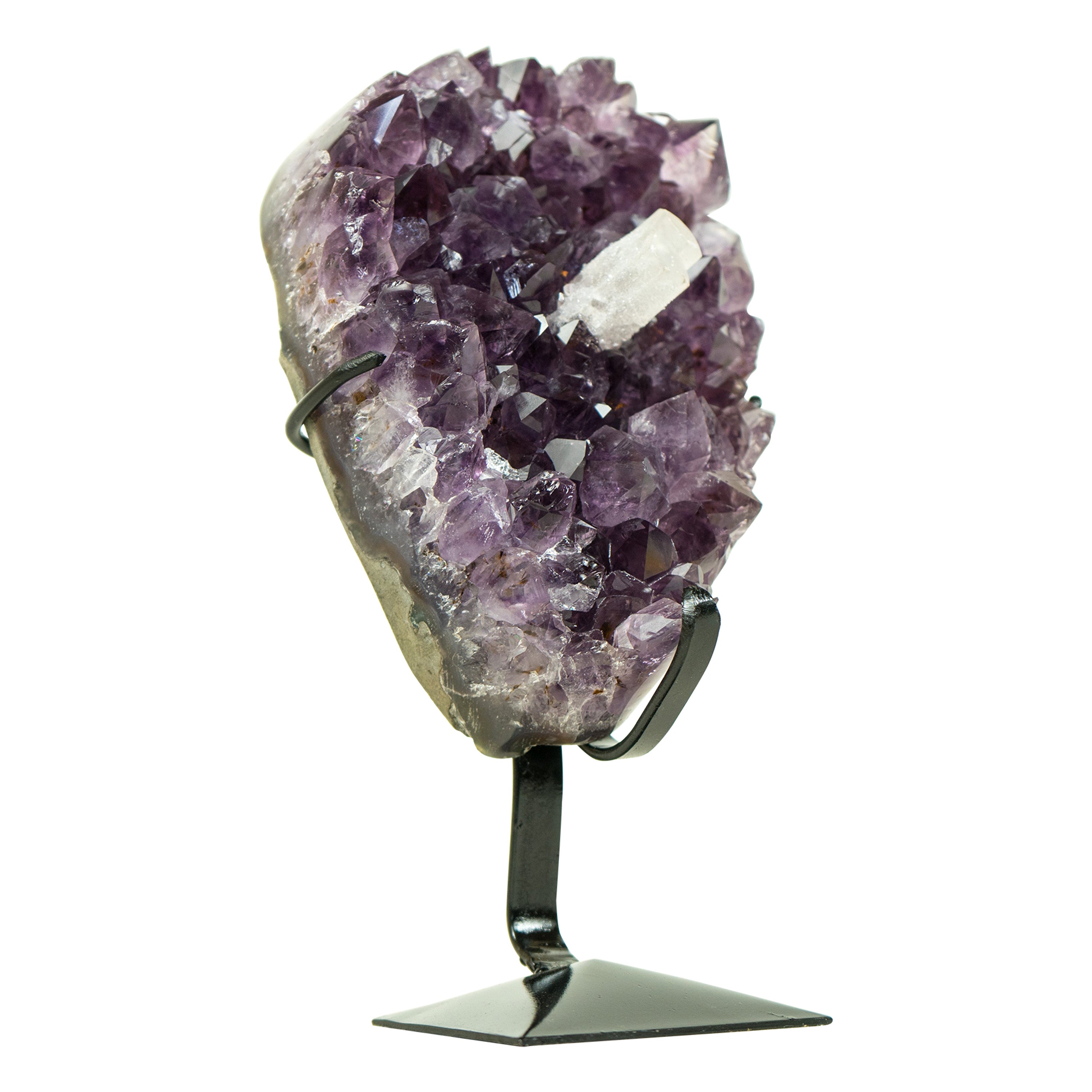 Petite grappe d'améthyste violet profond avec calcite et goethite intacts d' Uruguay en vente