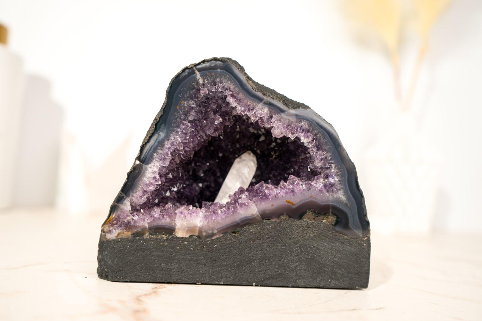 XXI secolo e contemporaneo Piccolo geode di ametista viola intenso con inclusione di calcite in vendita