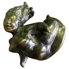Small Delightful Bronze Modern Sculpture of Laughing Smiling Nude Woman