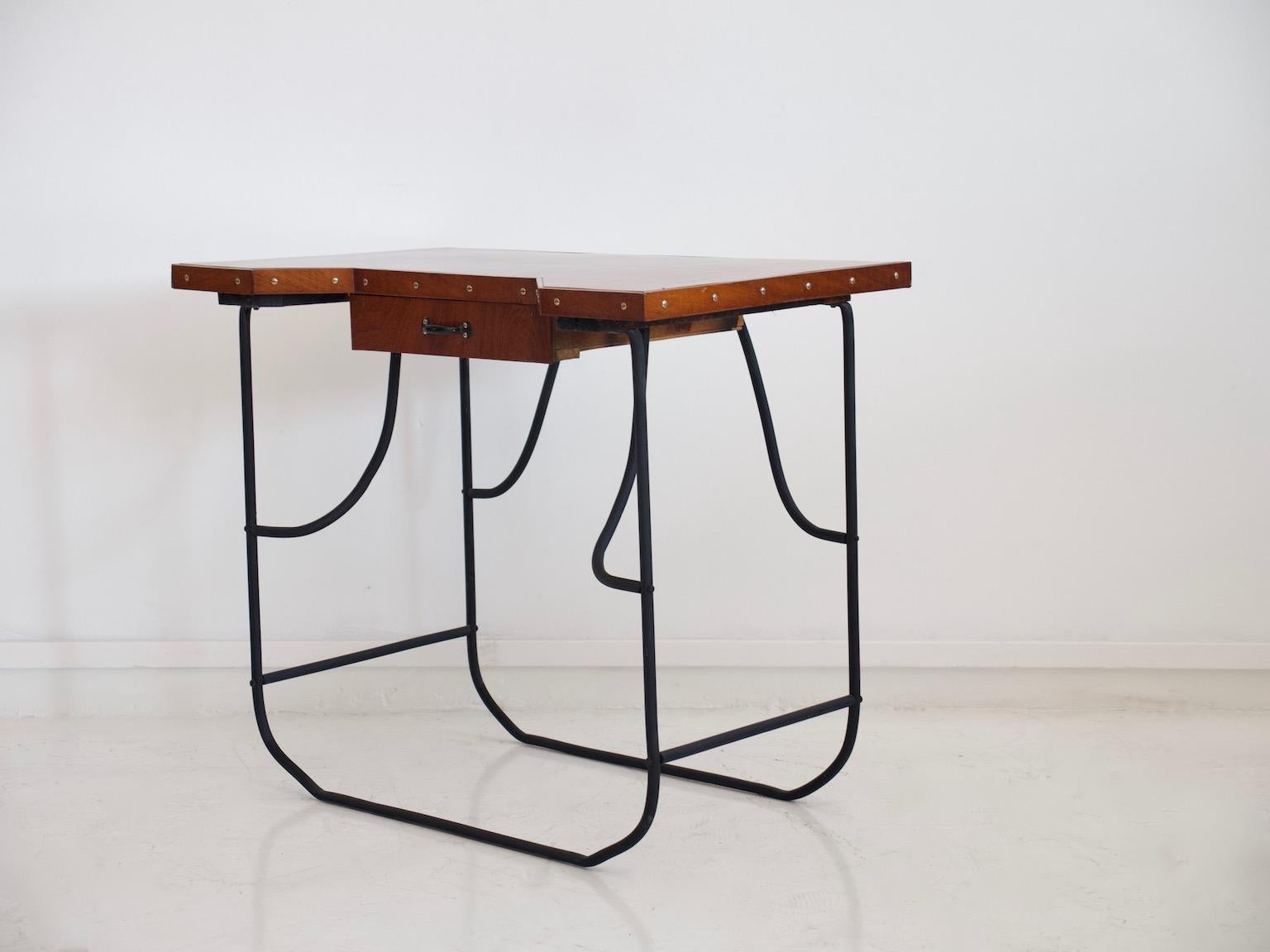 Mid-Century Modern Small Desk or Console Table with Black Steel Frame and Mahogany Top