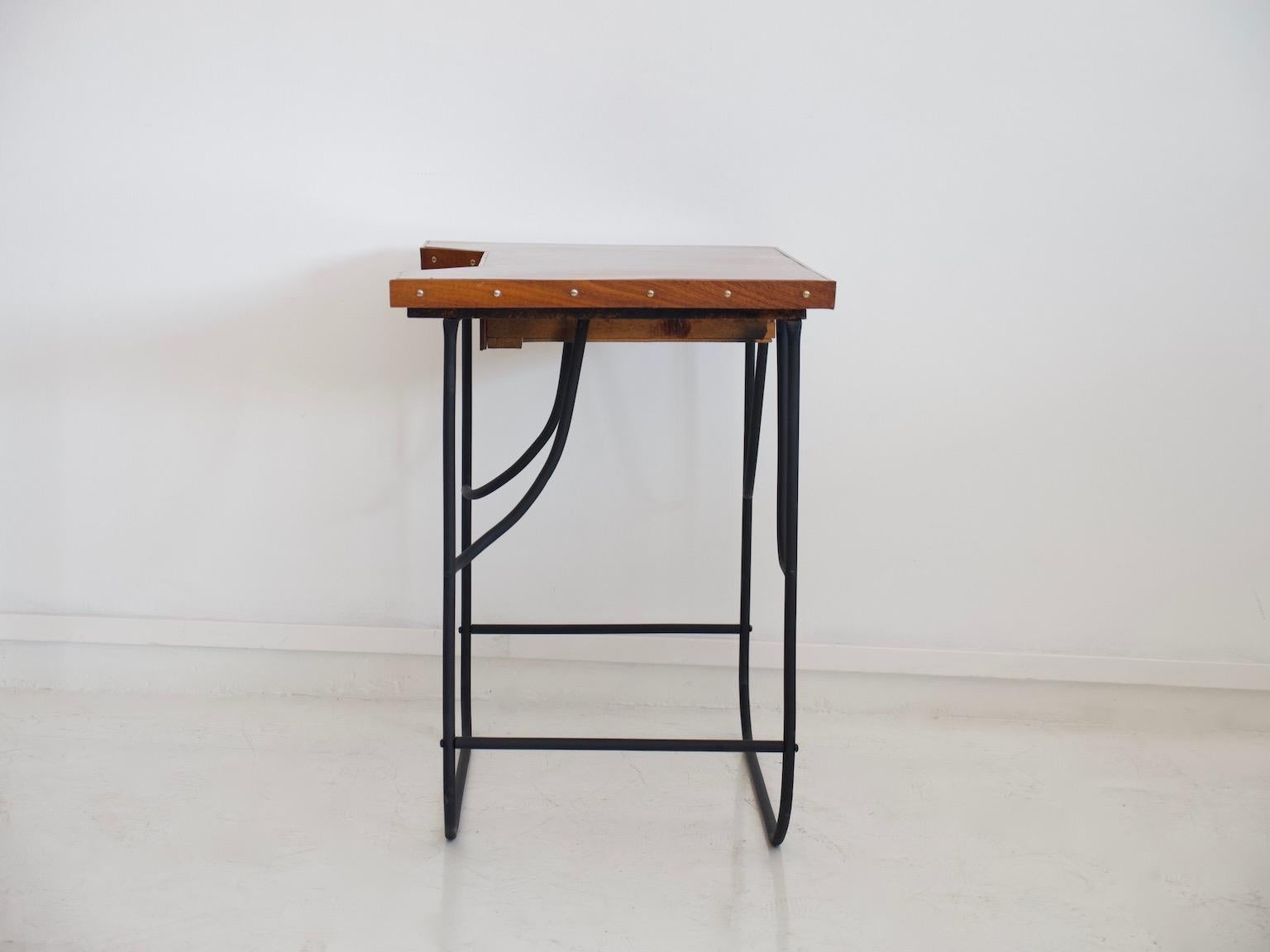 Danish Small Desk or Console Table with Black Steel Frame and Mahogany Top