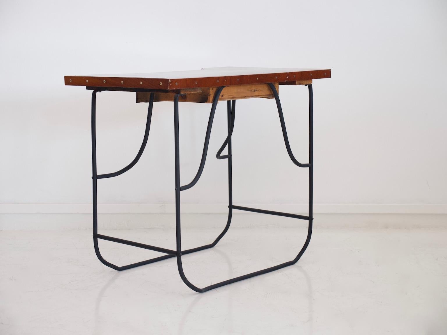 Painted Small Desk or Console Table with Black Steel Frame and Mahogany Top