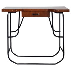 Small Desk or Console Table with Black Steel Frame and Mahogany Top