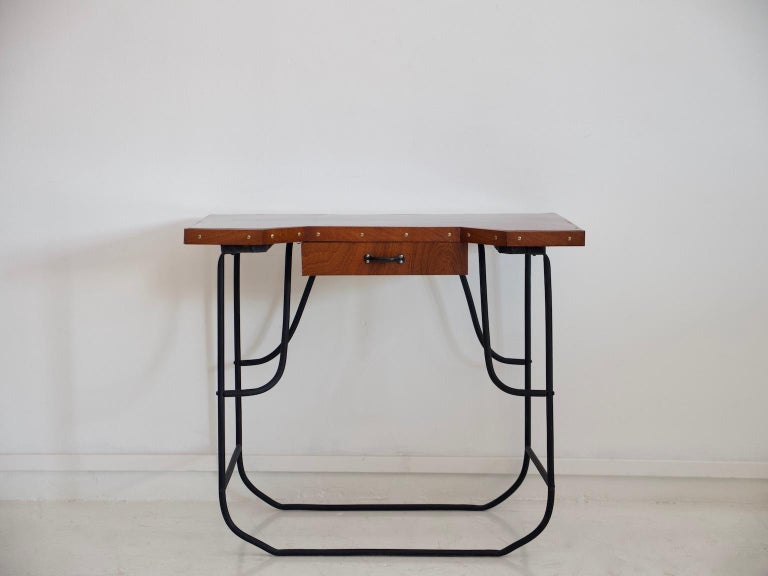 Small Desk Or Console Table With Black Steel Frame And Mahogany Top