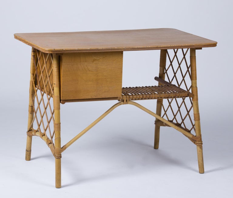 Small Desk, Stool and Wastepaper Basket in Rattan by Louis Sognot For