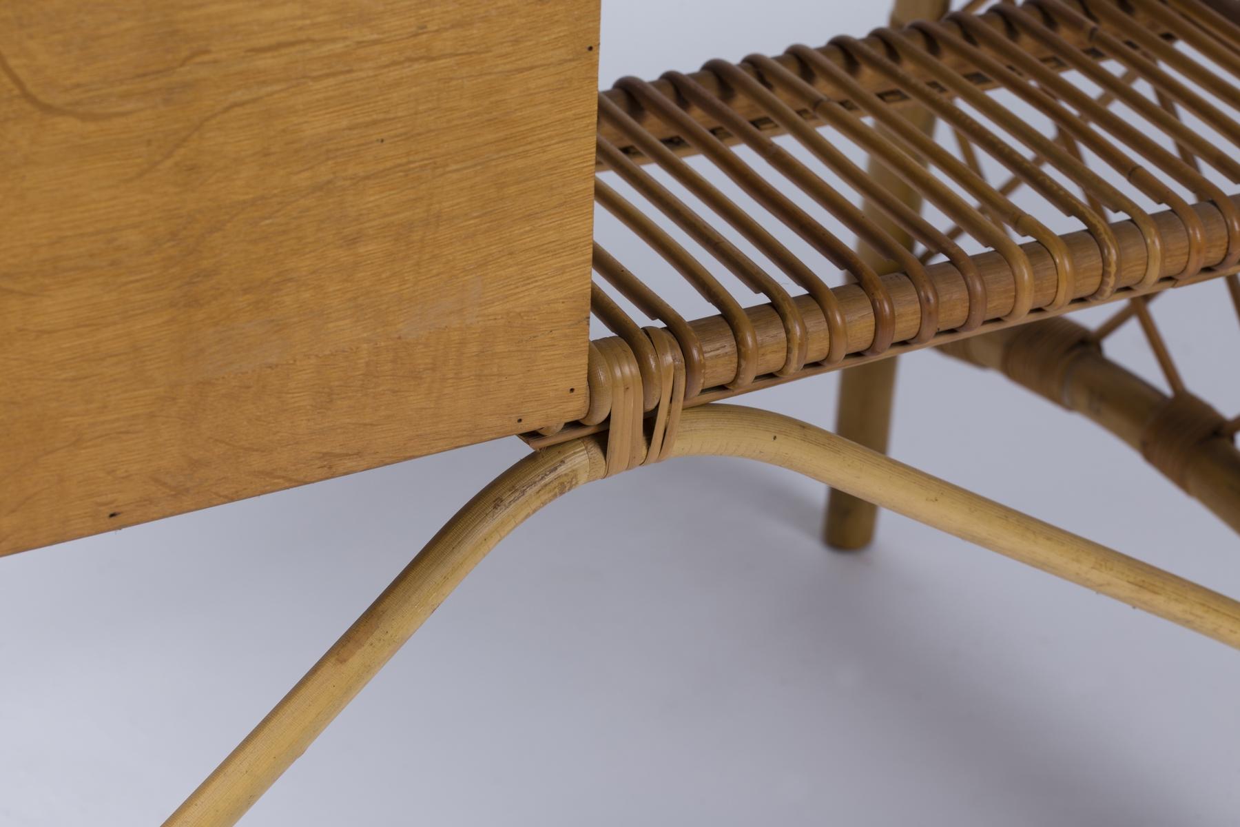 French Small Desk, Stool and Wastepaper Basket in Rattan by Louis Sognot
