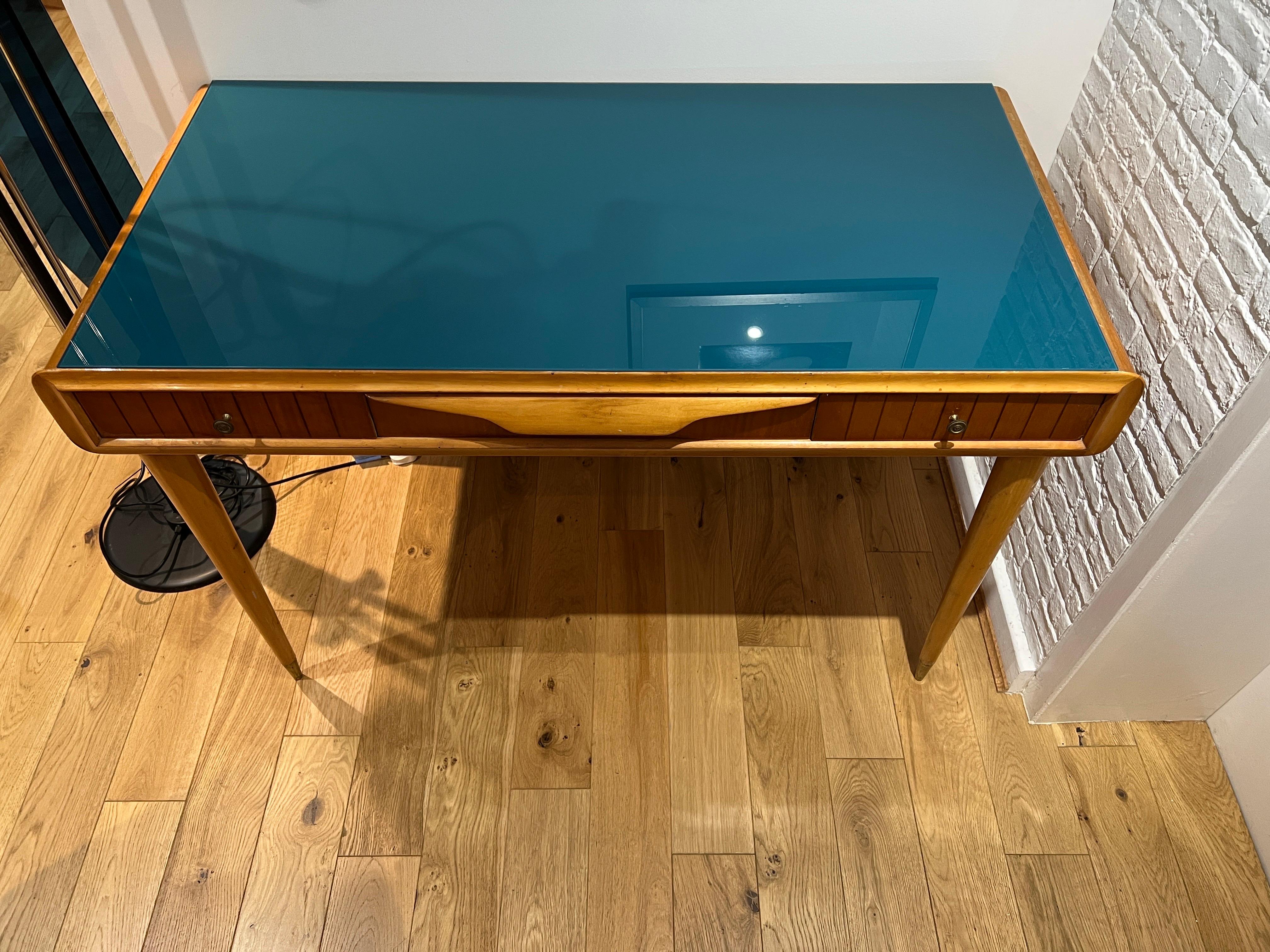 Hand-Crafted Small desk/ vanity table with blue glass top 