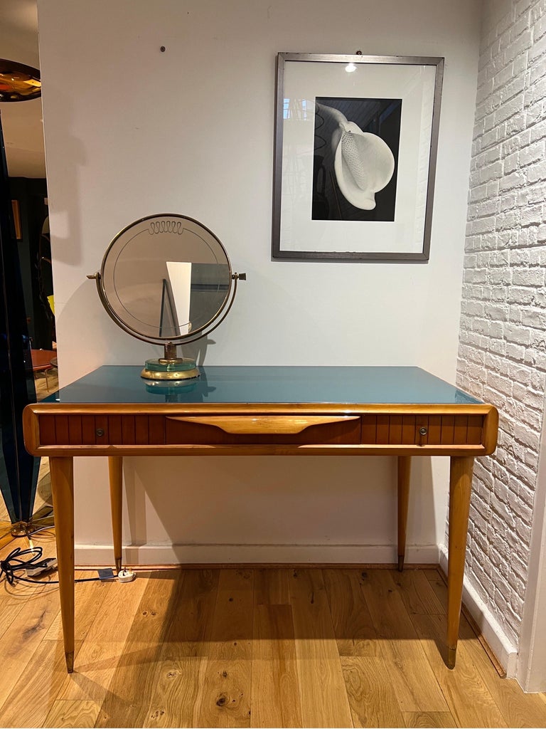 Small desk/ vanity table with blue glass top For Sale at 1stDibs