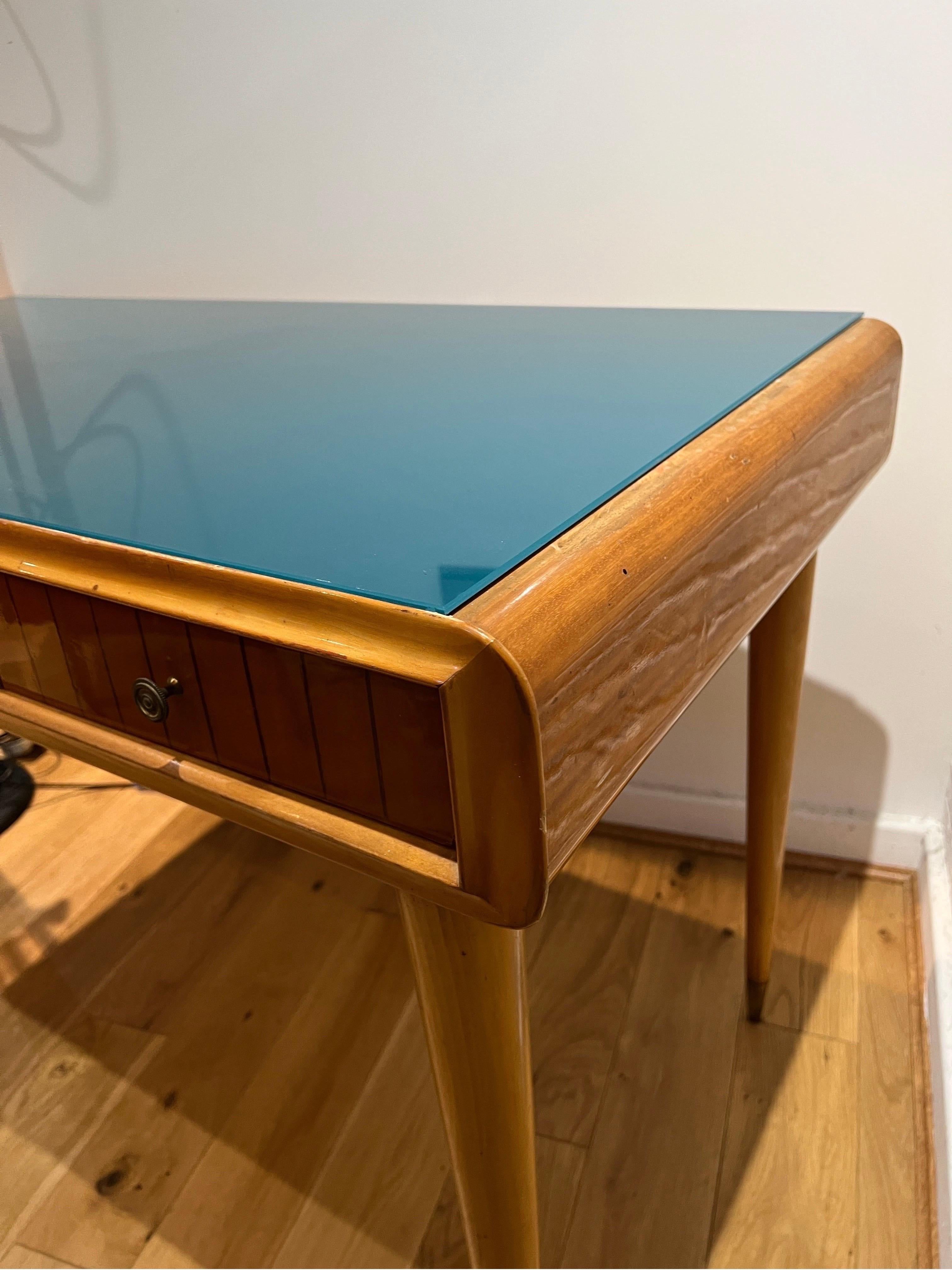 Brass Small desk/ vanity table with blue glass top 