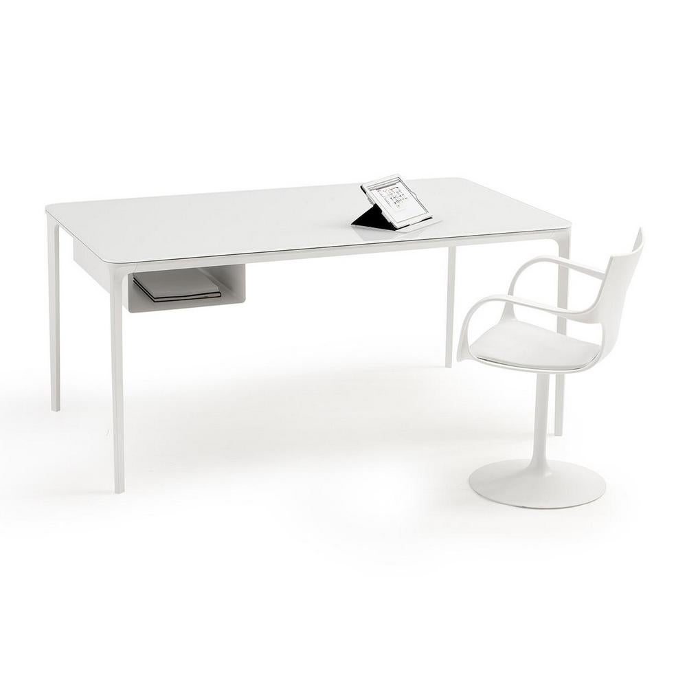Moderner moderner kleiner Schreibtisch mit weiß lackierter Glasplatte und weißem Rahmen, hergestellt in Italien (Lackiert) im Angebot