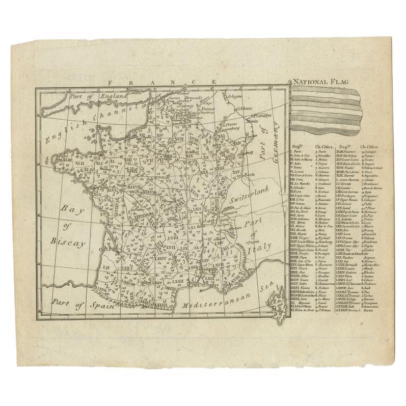Antique map titled 'France'. Small, detailed map of France with legend. Also depicting the English Channel, Bay of Biscay, Part of Spain, the Mediterranean Sea, Part of Italy, Switzerland and Part of Germany. Source unknown, to be