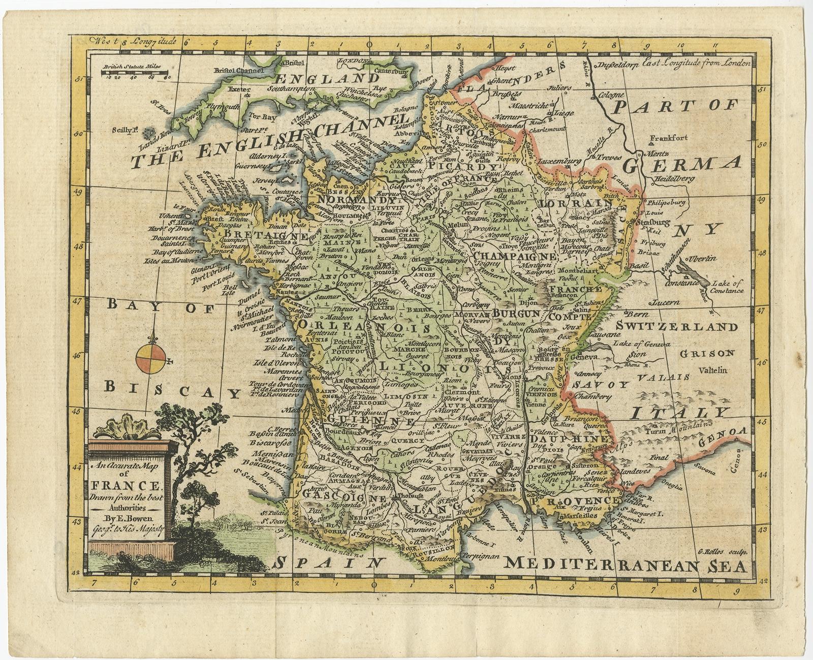 Antique map France titled 'An Accurate Map of France drawn from the best authorities'. 

Small, detailed map of France. With decorative title cartouche.

Artists and Engravers: Emanuel Bowen (1694?-1767) was a British engraver and print seller.