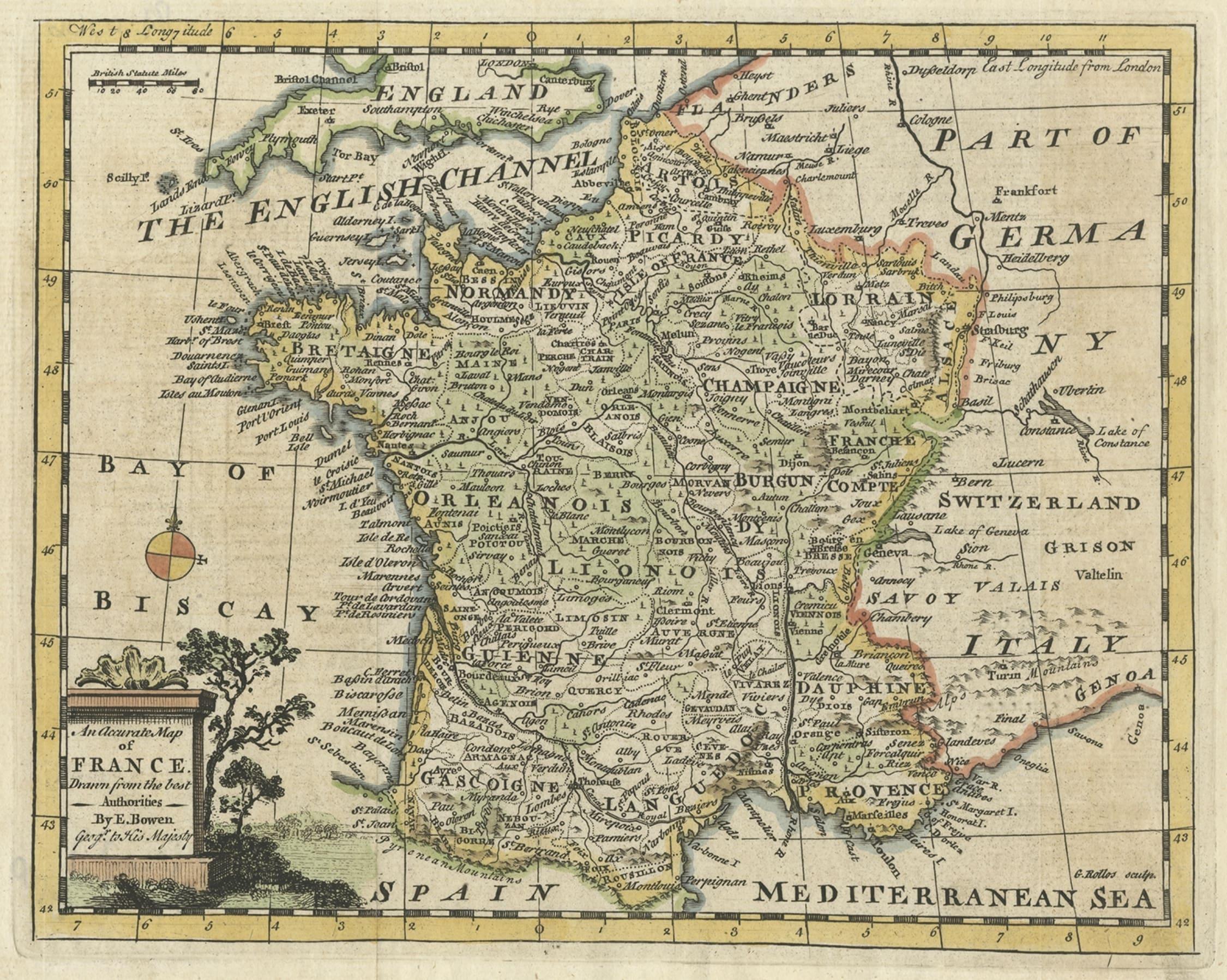 Petite carte ancienne détaillée de la France, avec titre décoratif, cartouche, 1754 Bon état - En vente à Langweer, NL