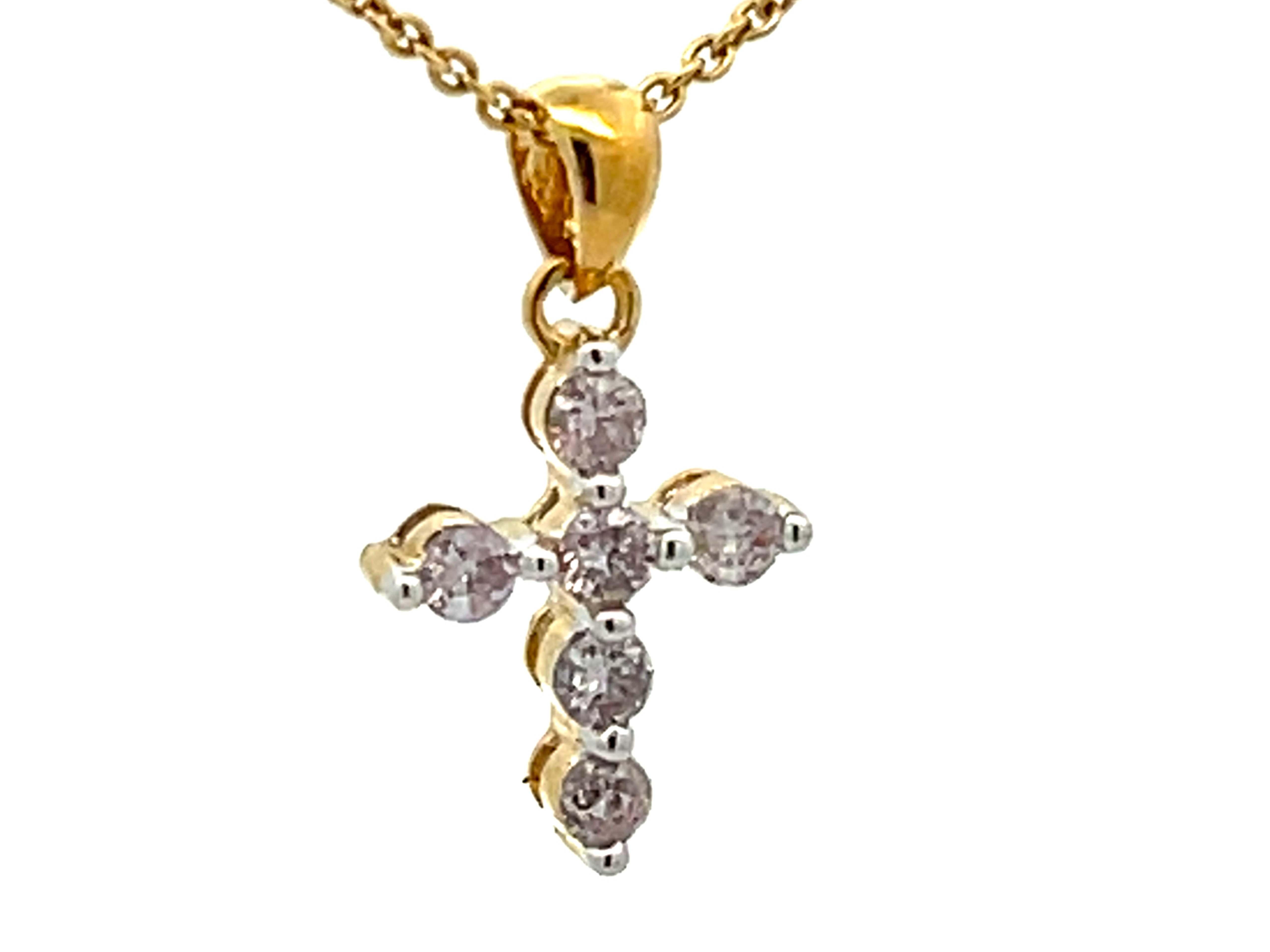 Modern Small Diamond Cross Necklace 18k Yellow Gold For Sale
