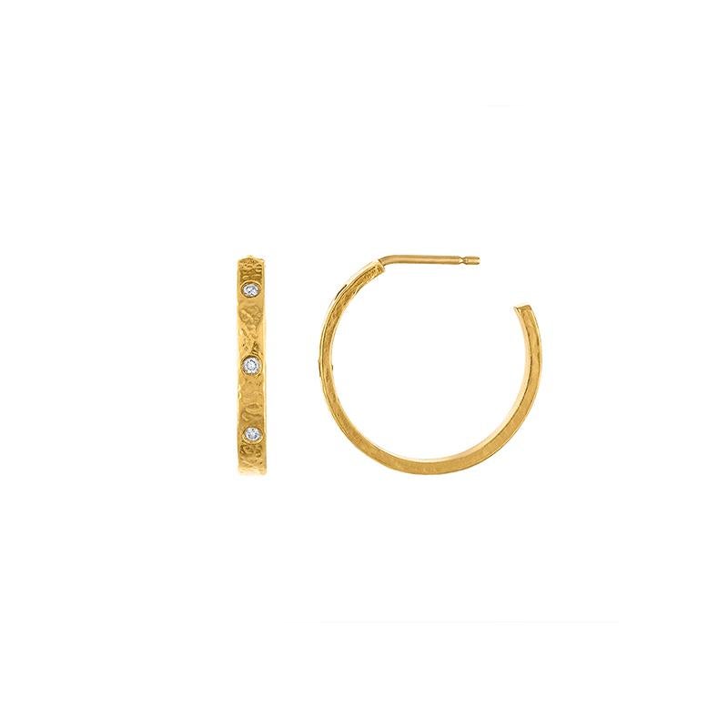 Artisan Small Diamond Hoop Earrings in 22k gold For Sale