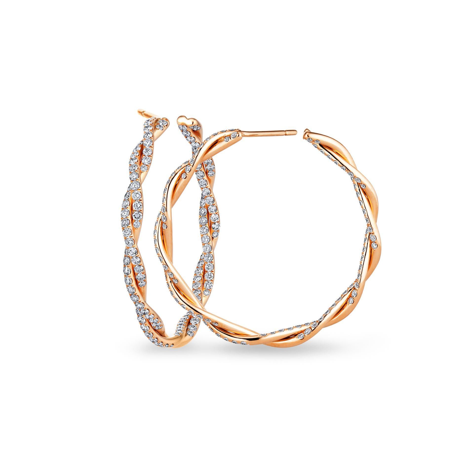 Contemporary Small Diamond Rose Gold Twisted Hoop Earrings
