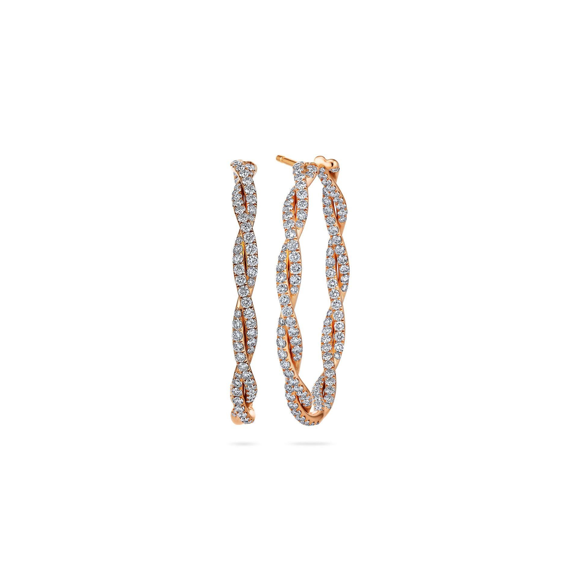 Round Cut Small Diamond Rose Gold Twisted Hoop Earrings