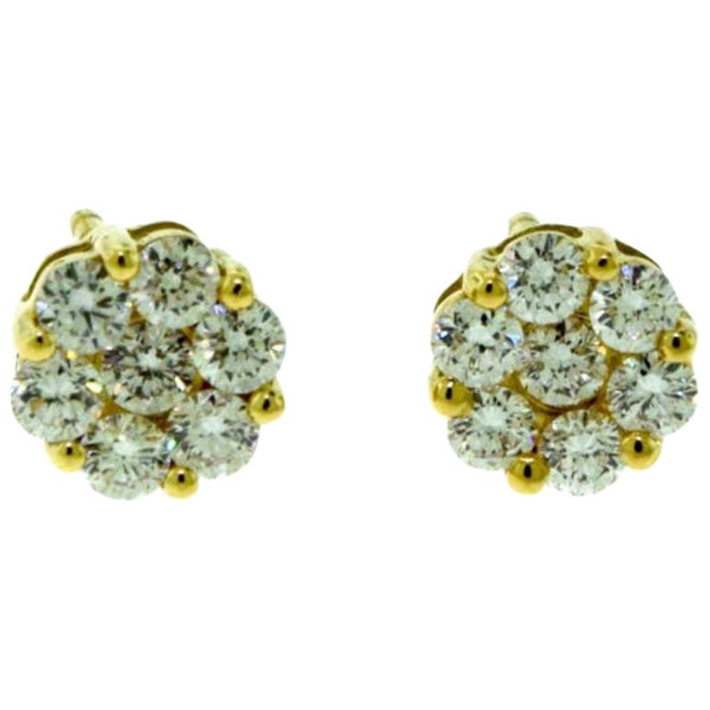 Gorgeous Diamond Cluster Studs totalling 2 carats set in 18k Yellow Gold For Sale
