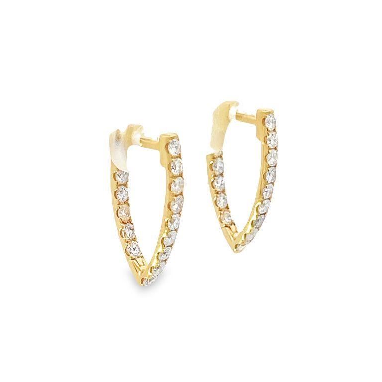 Modern Small Diamond V shape Hoops 1.08ct 14k yellow gold  For Sale