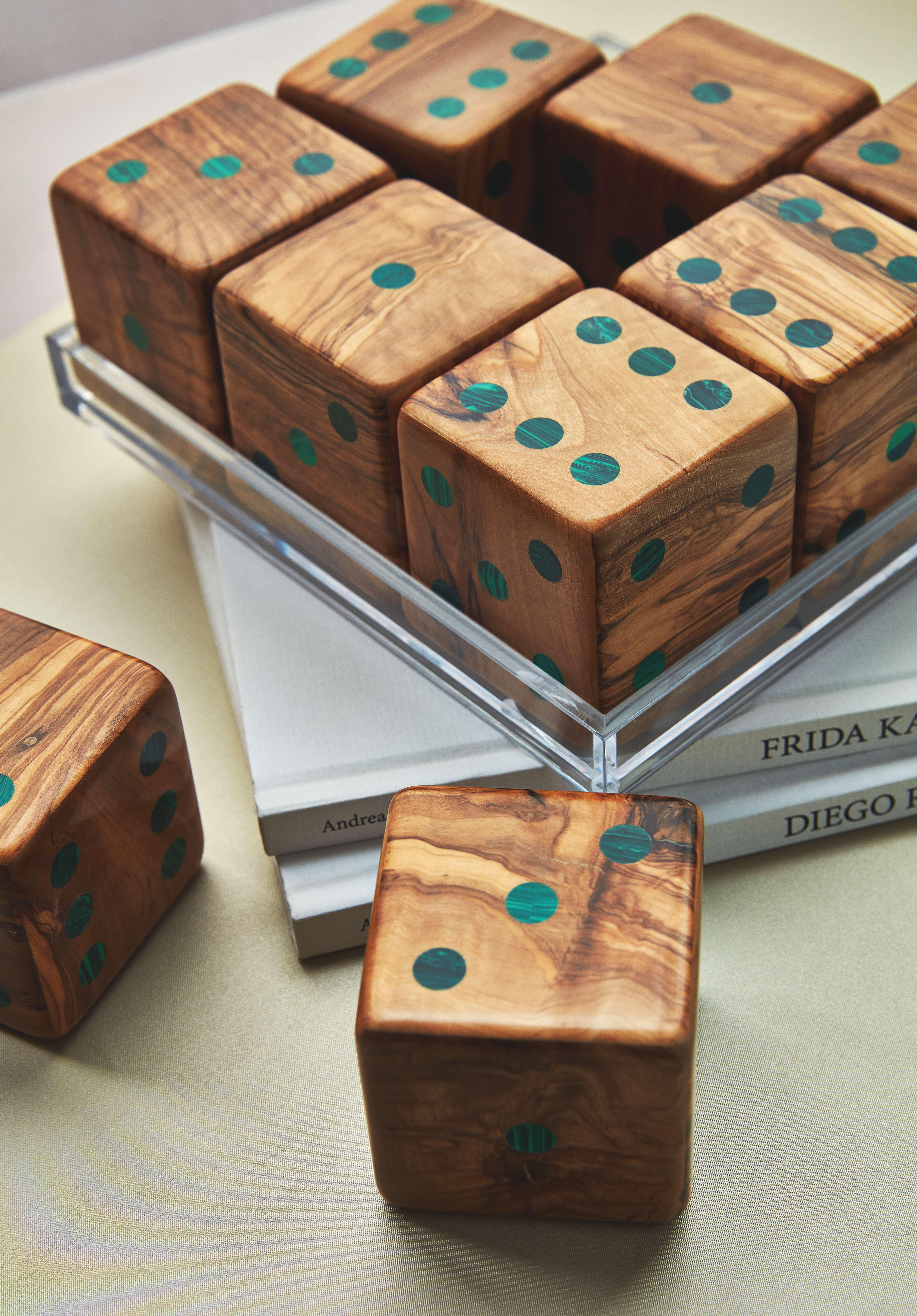 Hand-Crafted Small Olive Wood and Malachite 9 piece Dice Set  For Sale