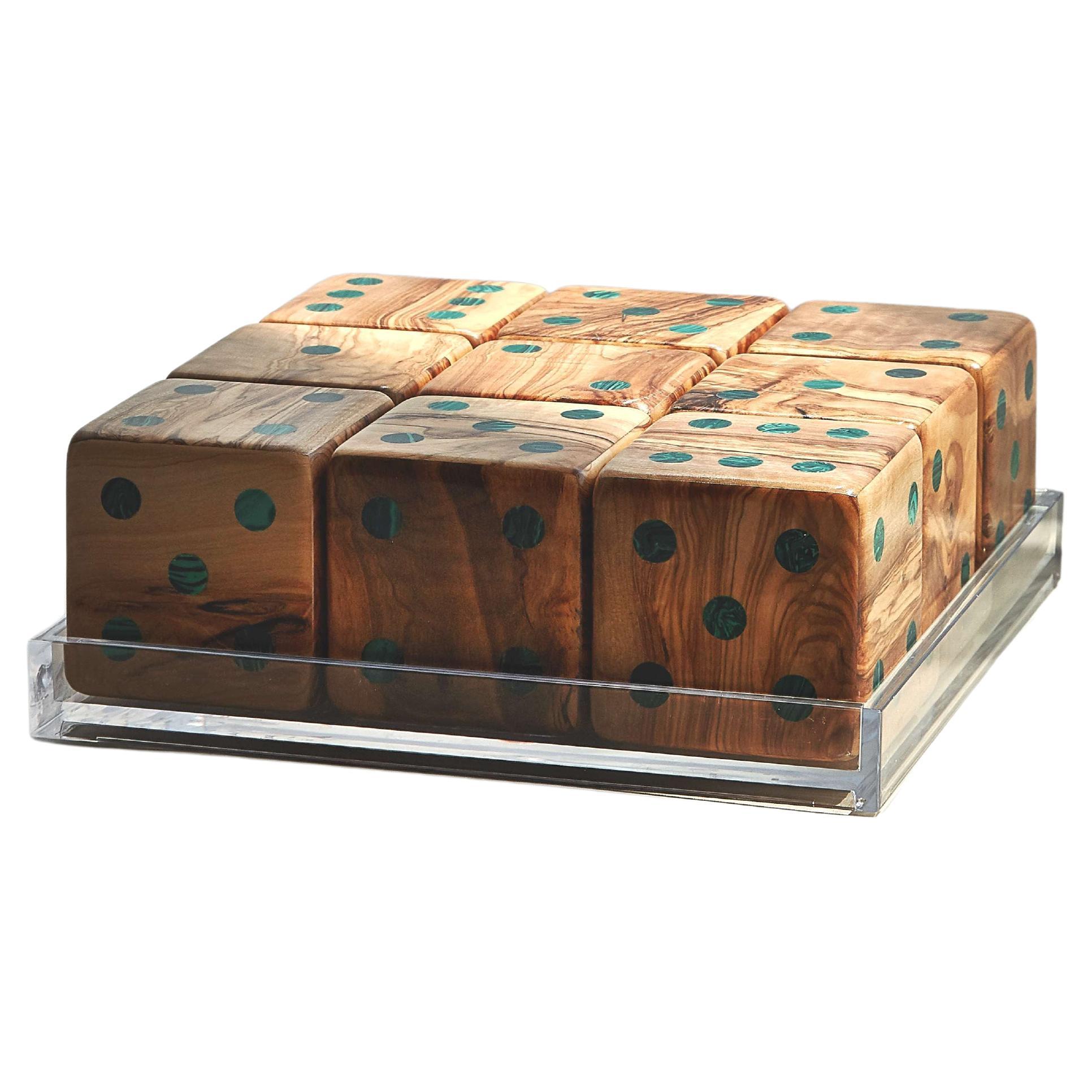 Small Olive Wood and Malachite 9 piece Dice Set  For Sale