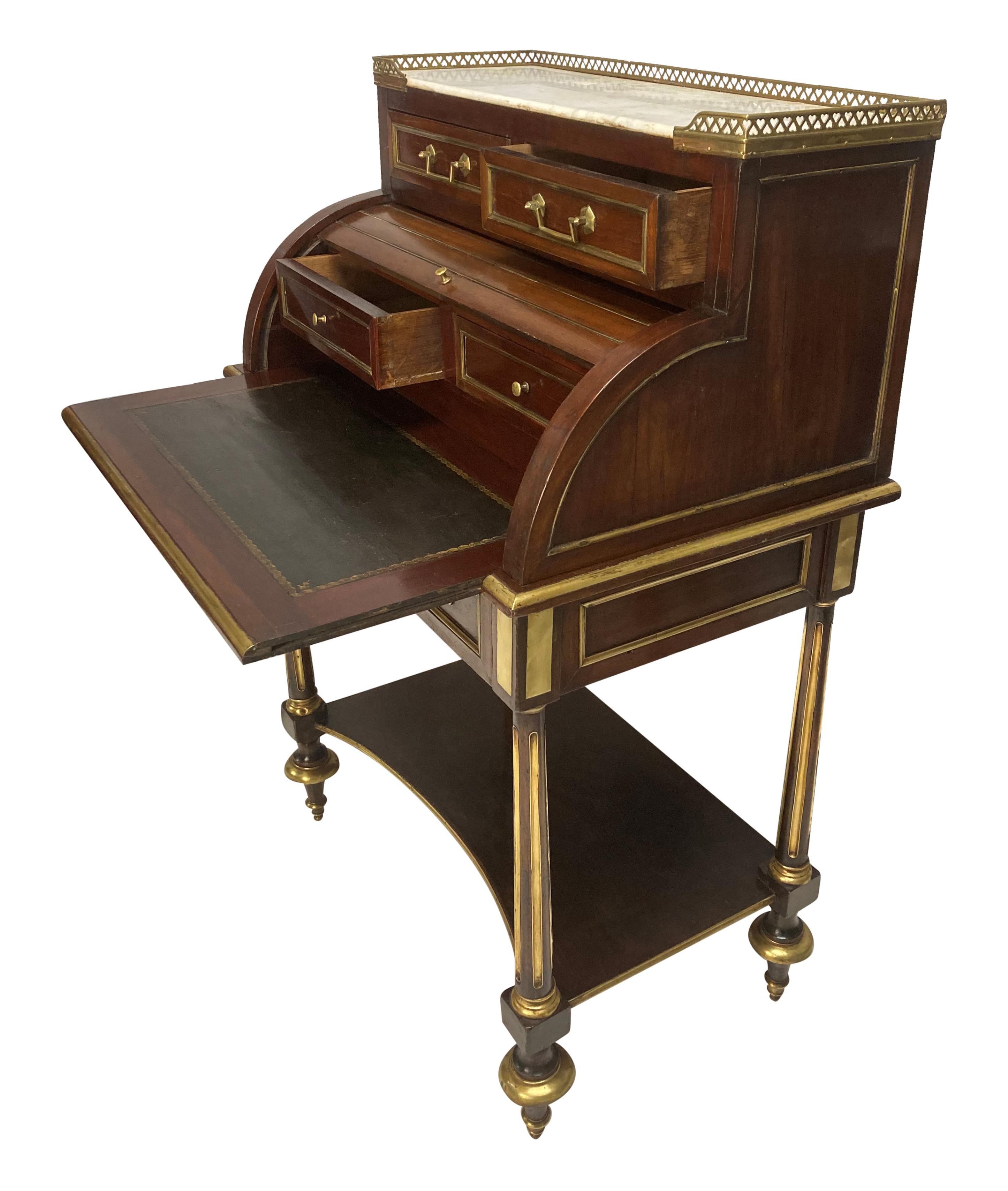 Brass Small Directoire Cylinder Desk In Mahogany For Sale
