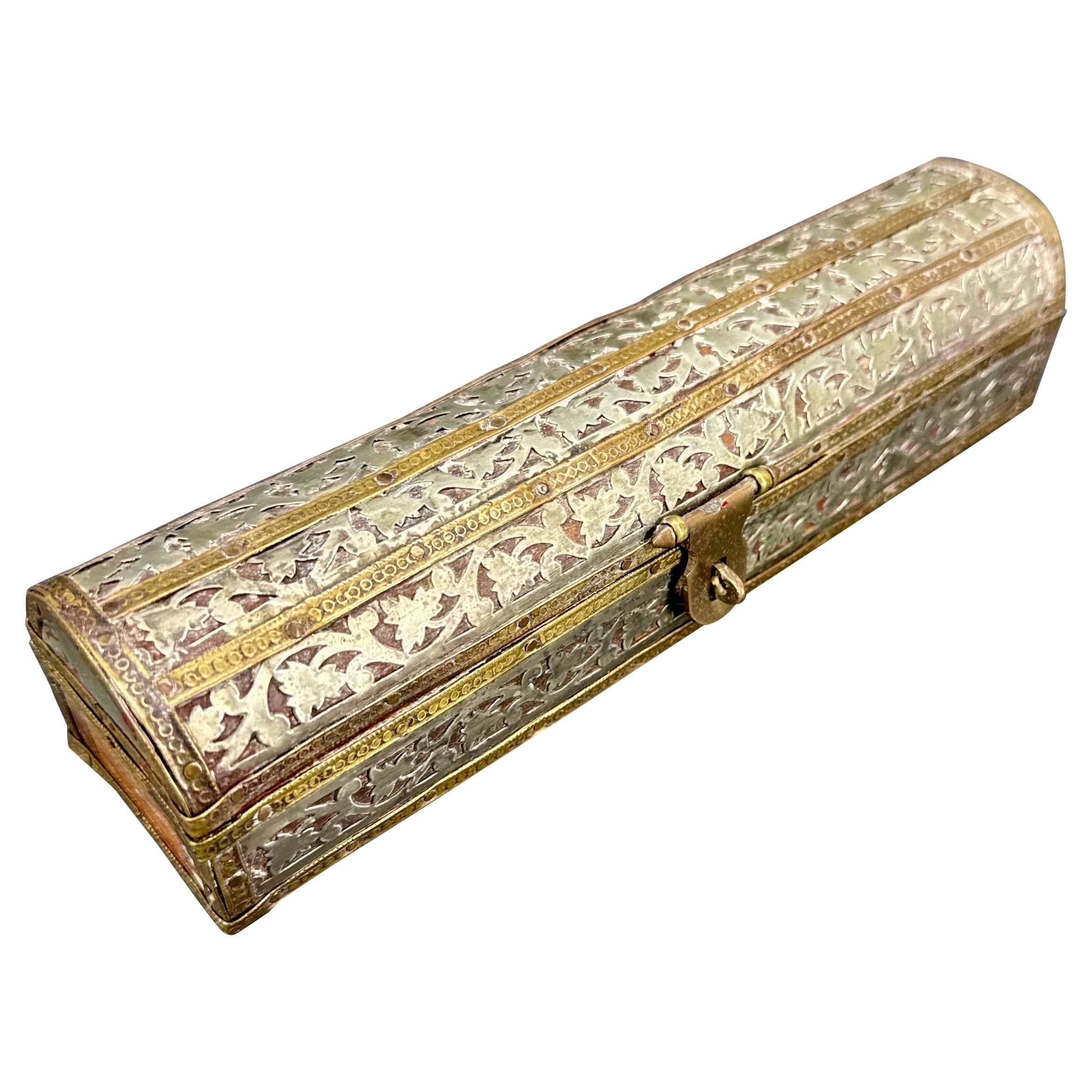 Small Dome-Shaped Rectangular Wood Metal Trinket Jewelry Box, 1950's