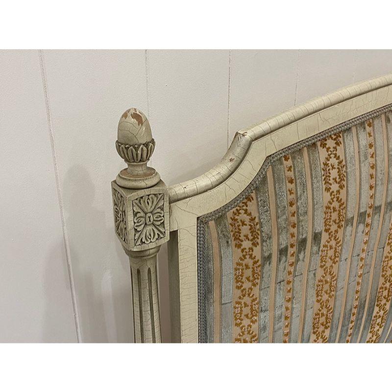 This is a very pretty 4' wide French upholstered bed.  This frame is painted and can be left with the natural crackle glazing or can be repainted to compliment the new fabric.   4' wide upholstered beds are getting harder and harder to find.  The