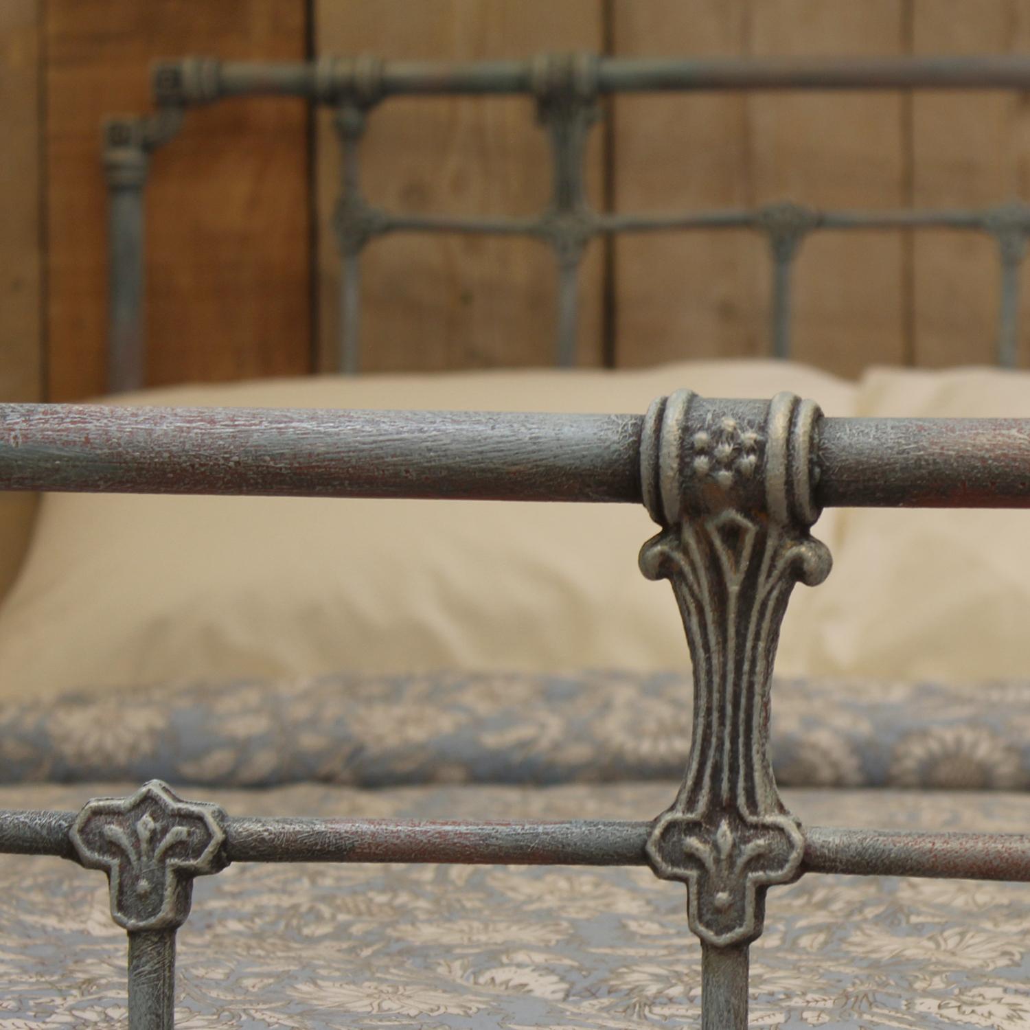 19th Century Small Double Cast Iron Bed in Blue Verdigris, MD163