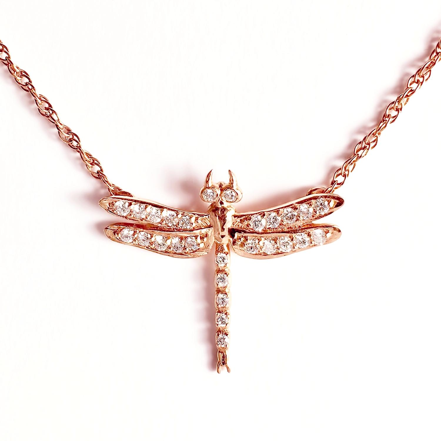 Kleine Libelle Diamant-Halskette / Rose Gold Damen im Angebot