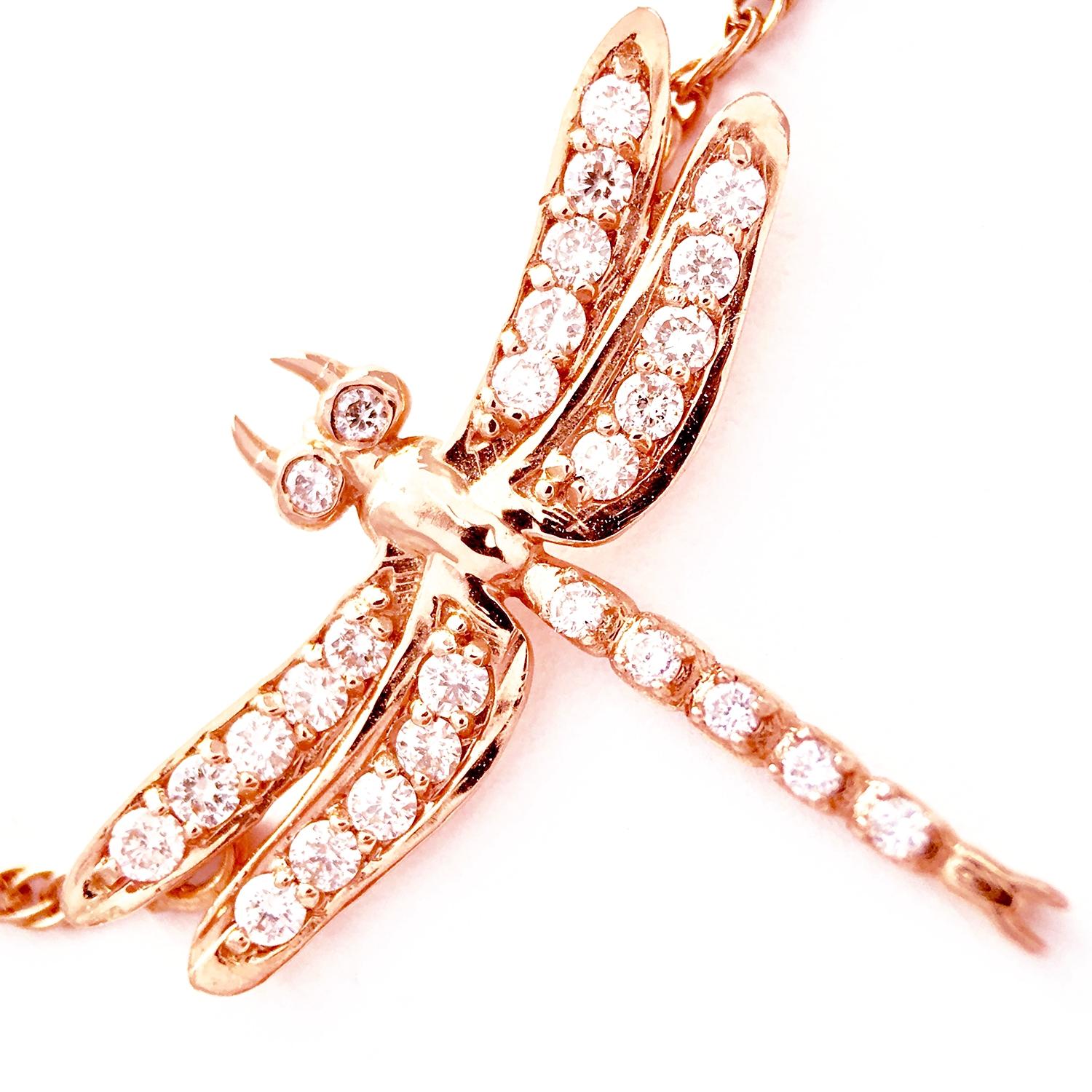 Small Dragonfly Diamond Necklace / Rose Gold For Sale 1