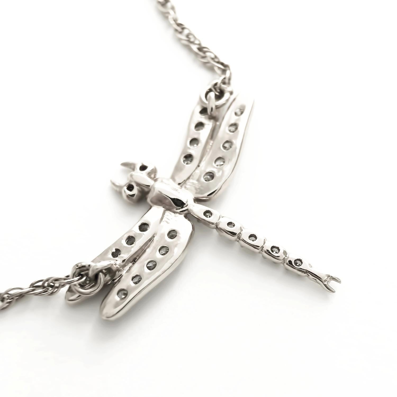 Modern Small Dragonfly Diamond Necklace / White Gold For Sale