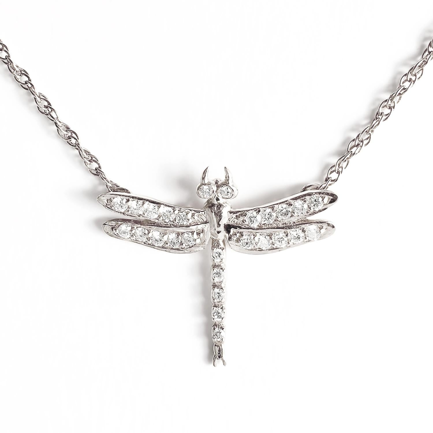 Brilliant Cut Small Dragonfly Diamond Necklace / White Gold For Sale