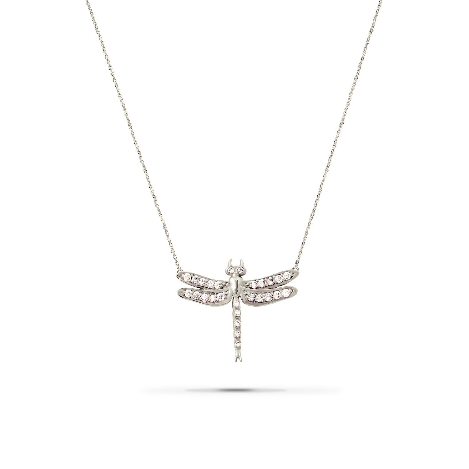 Women's Small Dragonfly Diamond Necklace / White Gold For Sale