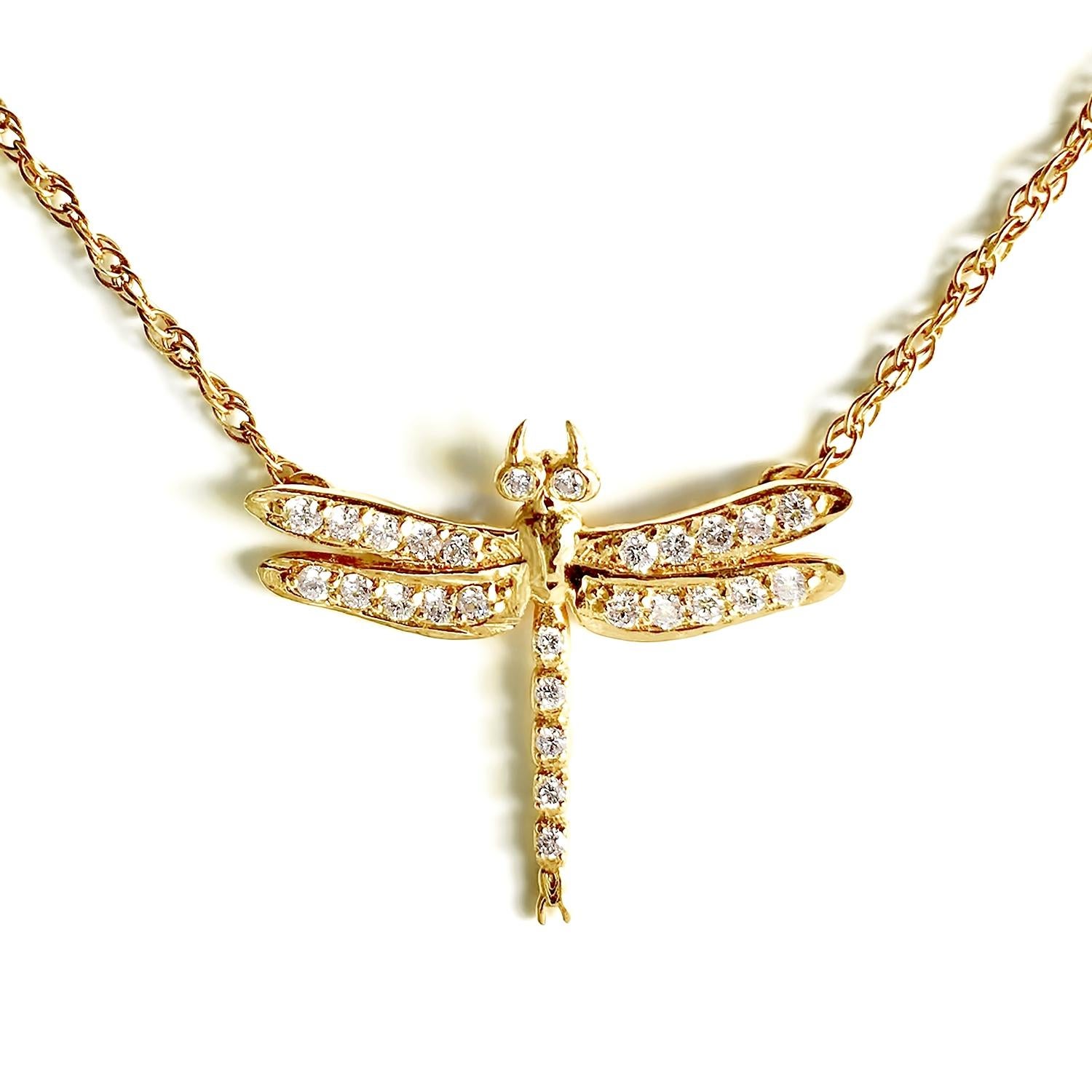 Modern Small Dragonfly Diamond Necklace / Yellow Gold For Sale