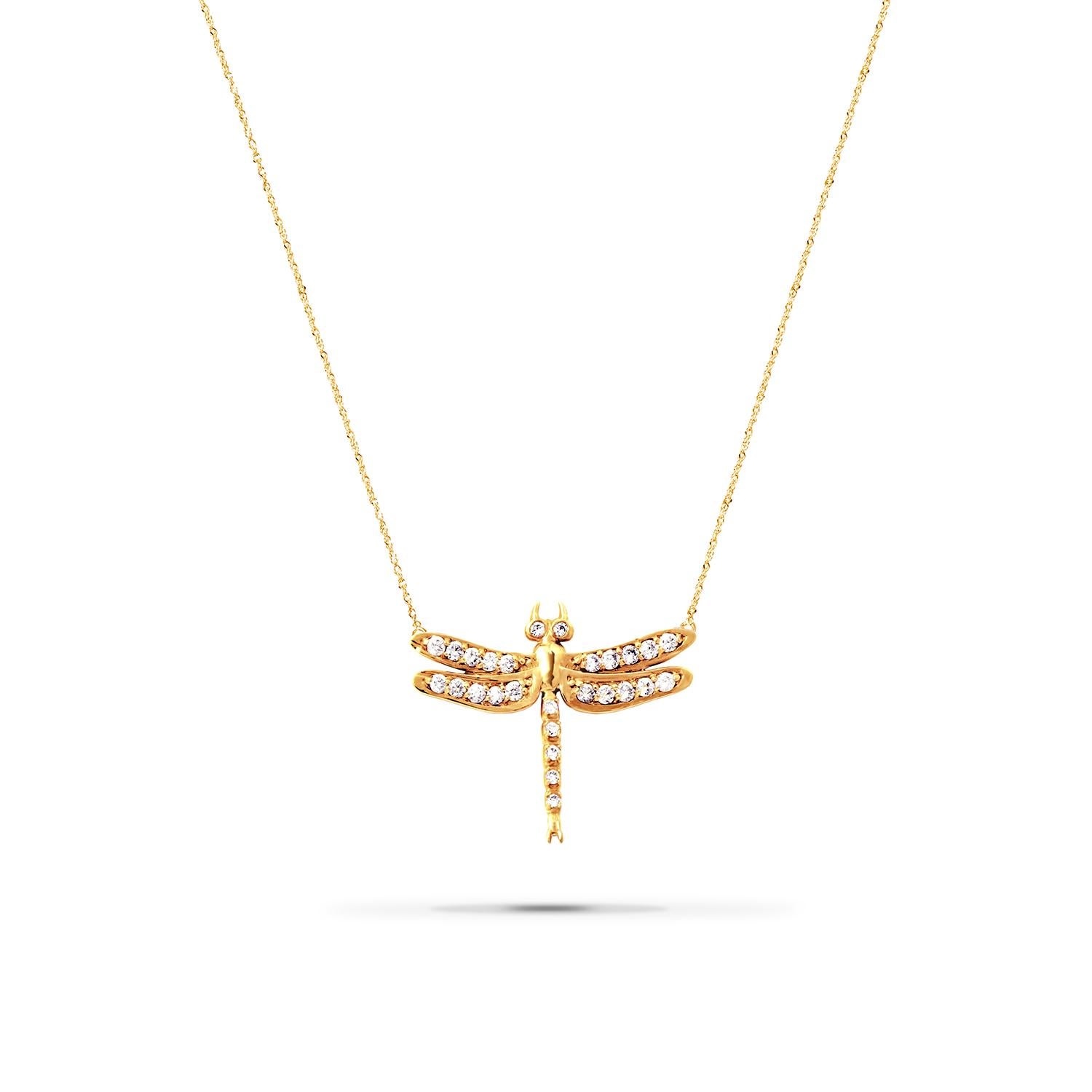 Small Dragonfly Diamond Necklace / Yellow Gold In New Condition For Sale In Los Angeles, CA