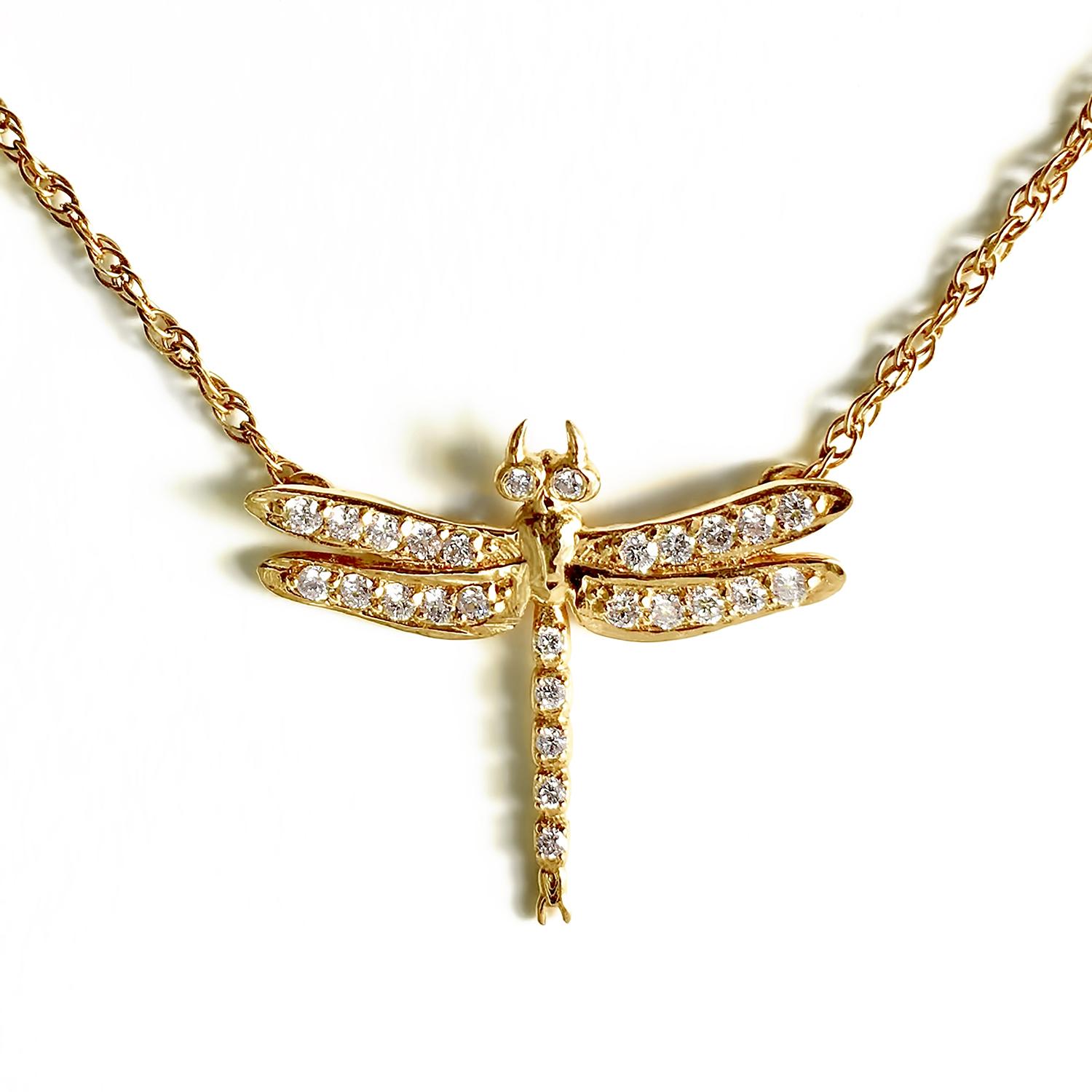 Unleash the enchantment of our Small Dragonfly Necklace in Yellow Gold Plate with White Sapphires. Symbolizing the adaptability and ethereal radiance of dragonflies, this piece embodies their captivating allure.

Crafted with meticulous attention to