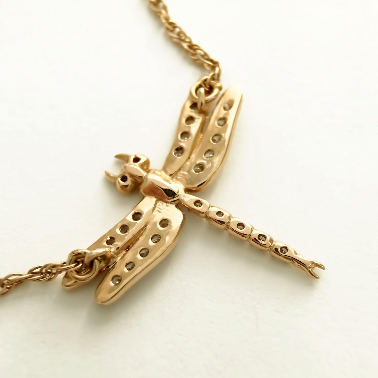 Brilliant Cut Small Dragonfly Necklace / Yellow Gold Plate White Sapphires For Sale