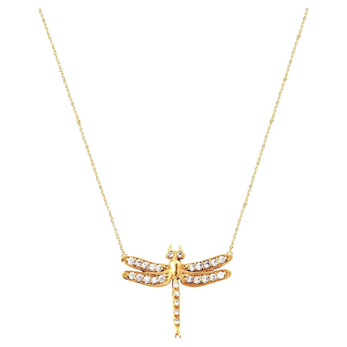 Small Dragonfly Necklace / Yellow Gold Plate White Sapphires